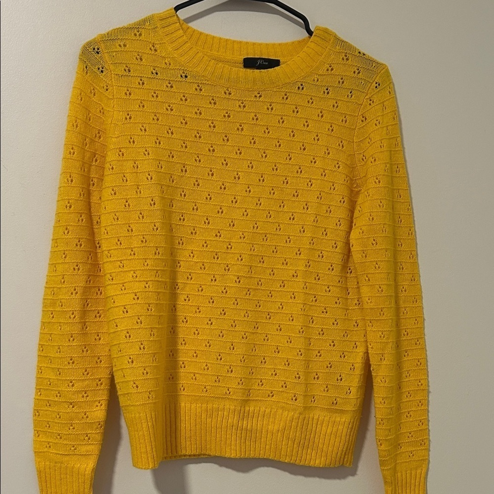 J Crew Pointelle Crewneck Sweater Wool Blend Yellow Lightweight Size XS